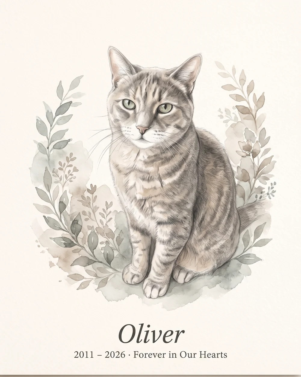 Botanical memorial watercolor with life dates & tribute lettering
