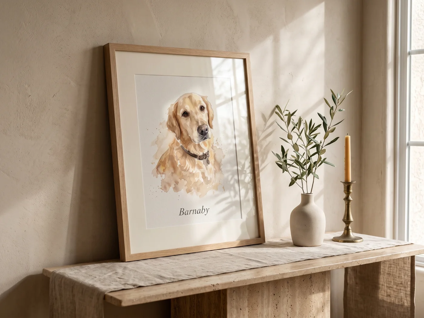 Framed oak wood watercolor portrait of Golden Retriever Barnaby in sunlit home entryway