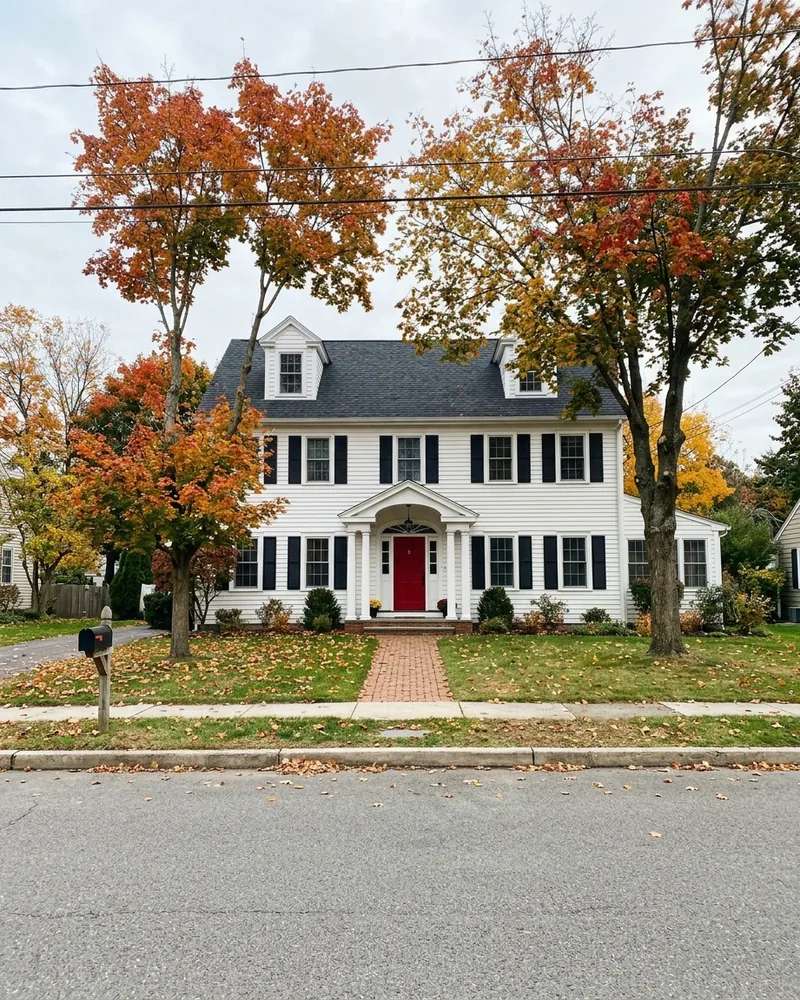 Original across-the-street phone photo of home exterior with utility wires and asphalt